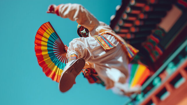 Dynamic High-Flying Masked Fan Dancer in Traditional Korean Costume Performing at Andong Mask Dance Festival Under Clear Blue Sky and Heritage Architecture - Powered by Adobe