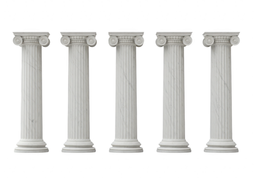 Five classical corinthian columns isolated on transparent background