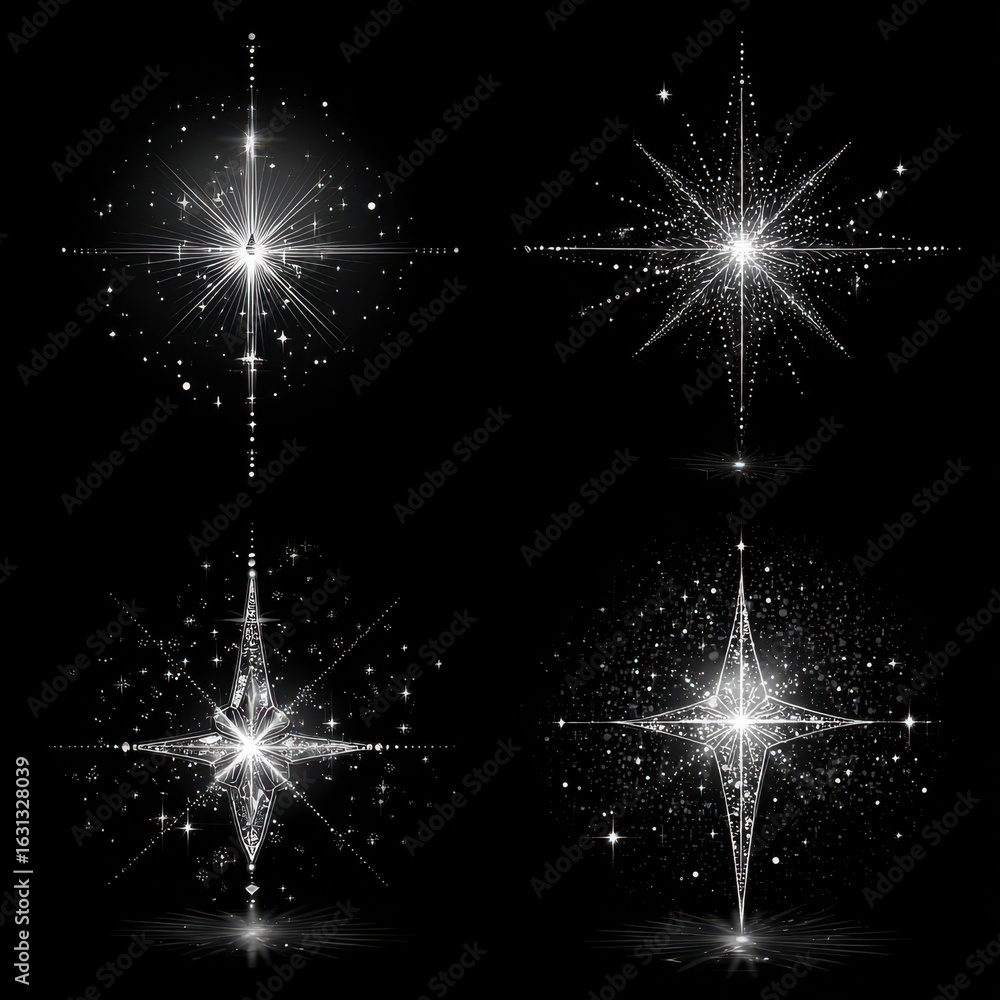 Poster sparkling star designs against a dark background create an enchanting display of light and patterns 