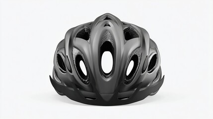 Close-up view of a gray bicycle helmet on a white surface, front facing view