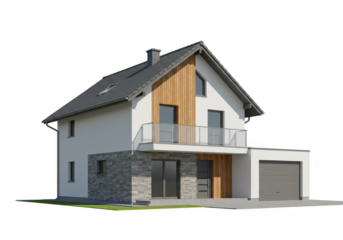 Modern detached house with stone and wood facade, balcony, and garage, isolated on transparent background