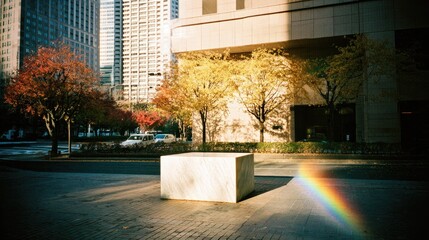 A city street scene with autumn foliage, a light-colored cube, and a rainbow.