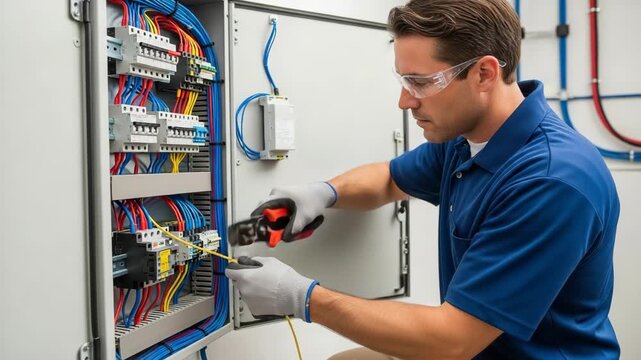 Electrical panel maintenance with worker cutting a yellow wire, ensuring safe and effective electrical panel maintenance.