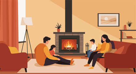 Fototapeta premium Family sits together by fireplace, in living room; illustration use for article