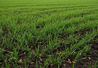 Obraz premium 新緑の麦畑、整然と並ぶ若葉が力強く成長する様子。