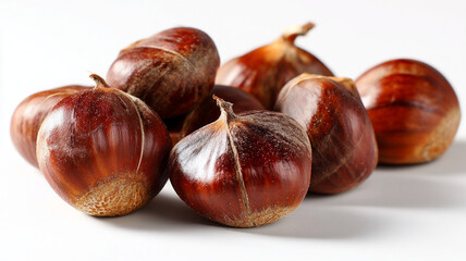 Obraz premium Chestnuts on white background, showcasing their glossy brown shells