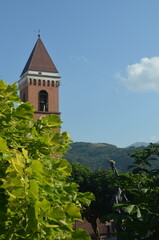 Rivisondoli, Abruzzo, The bell tower of the main church stands austerely above the houses of the small mountain village