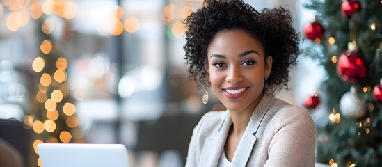 Smiling young black woman with laptop at coffee shop