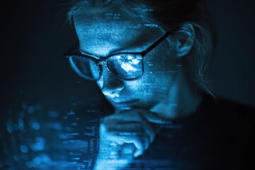 Woman interacting with coding holograms on a tablet in a dark environment while analyzing data and algorithms at night