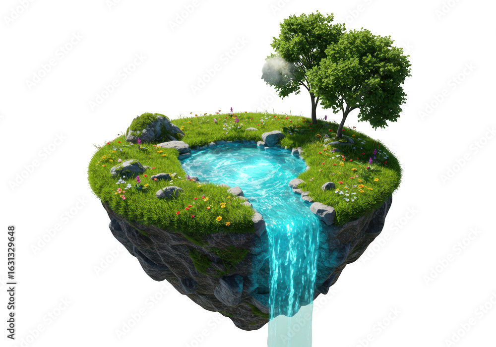 Poster a small floating island with a waterfall and trees isolated on transparent background