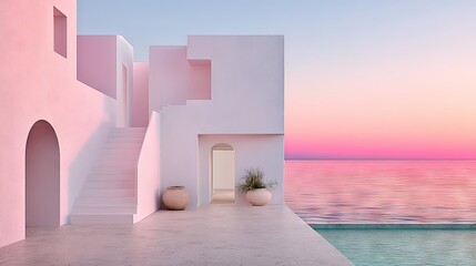 Pastel-colored architectural scene by the sea at sunset.