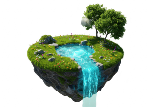 A small floating island with a waterfall and trees isolated on transparent background