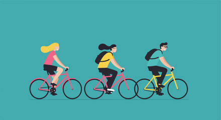 Fototapeta premium People riding bikes, with backpacks, in a line, against turquoise background. Use lifestyle