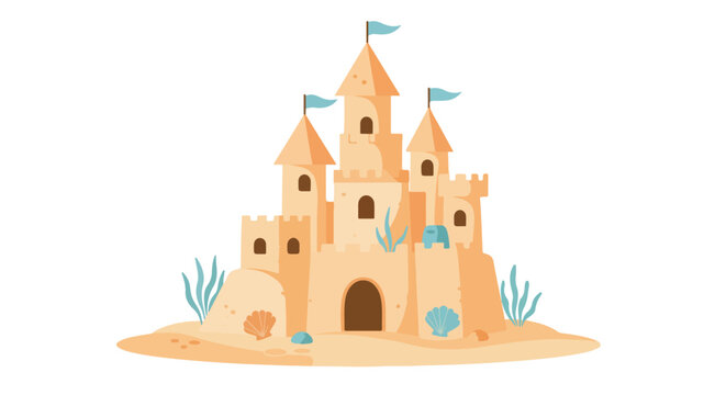 Illustration of a sandcastle with flags and shells on a beach; backdrop is plain
