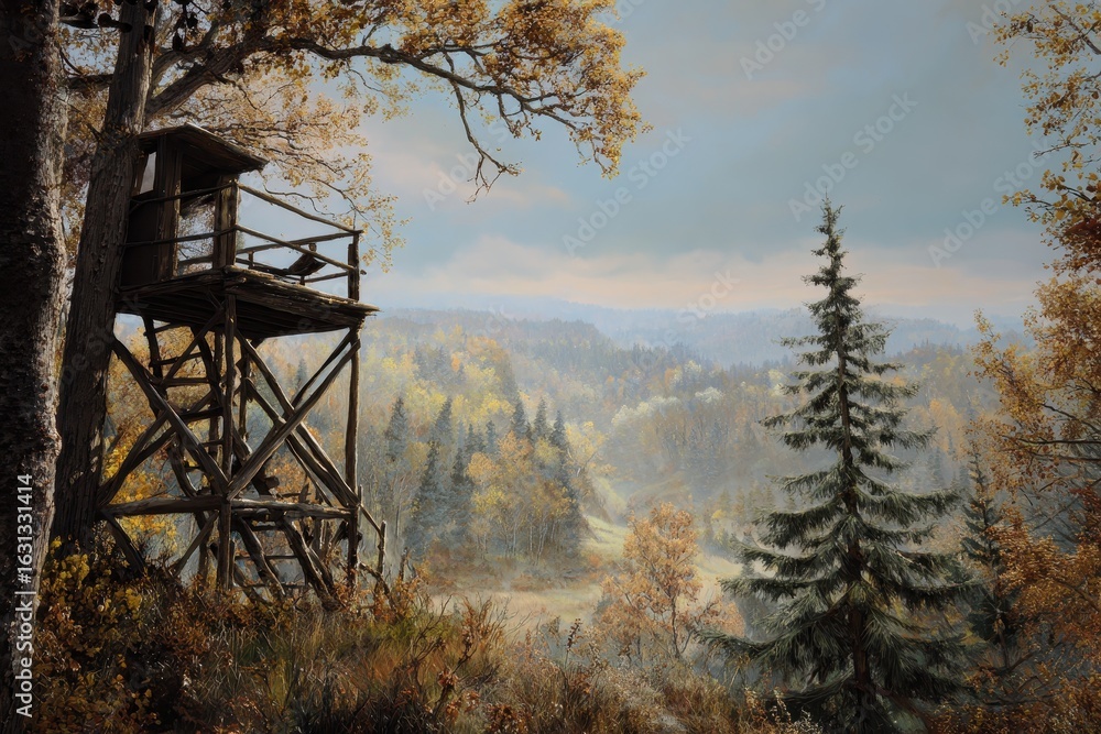Poster panoramic view of a rustic hunting pulpit overlooking a vibrant autumn landscape filled with colorfu