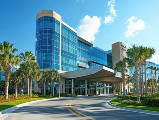 Modern hotel building with palm trees in sunny location