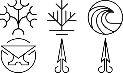 Collection of six minimalist geometric symbols and icons representing nature and craftsmanship isolated on transparent background