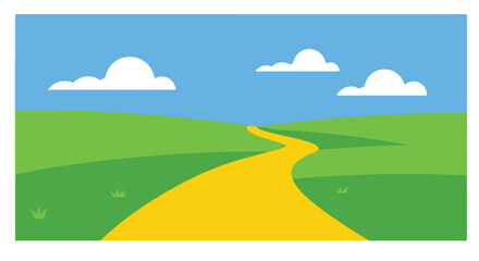 Obraz premium Yellow road winds through green fields under blue, cloudy sky. Design element use