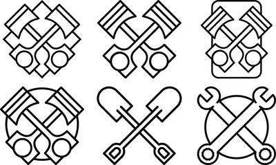 Collection of six stylized industrial mechanical symbols featuring crossed pistons wrenches and shovels isolated on transparent background
