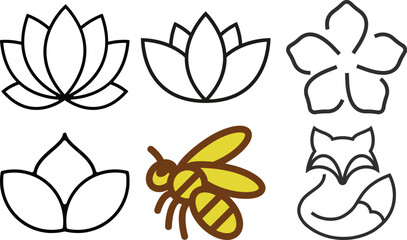 Collection of simple outline illustrations featuring lotus flowers a bee and a fox isolated on transparent background