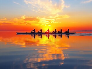 A rowing team navigates smoothly on tranquil water, silhouetted against a stunning sunset. The sky bursts with warm colors, creating a peaceful and inspiring atmosphere.
