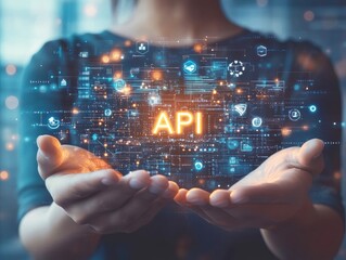 Two hands are positioned open, cradling luminous symbols representing API. A digital backdrop with data streams and icons conveys a tech-focused environment, emphasizing innovation.