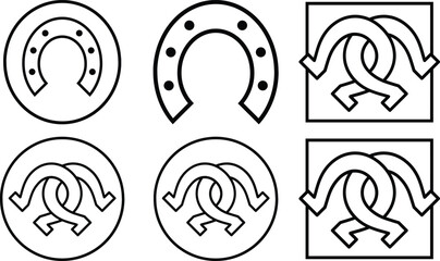 Collection of six horseshoe icons and symbols representing luck and equestrianism isolated on transparent background