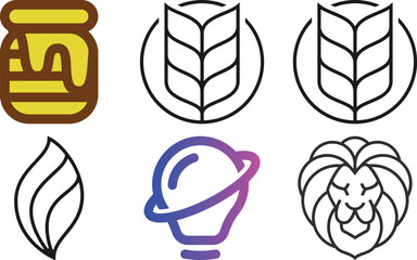 Collection of six diverse graphic icons including a honey jar wheat stalks a leaf a bucket and a lion head isolated on transparent background
