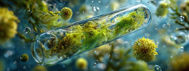 A clear tube filled with vibrant green flora suspended in a watery environment, with bubbles and flowers