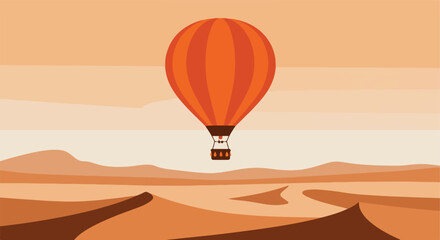 Hot air balloon flying over desert landscape with dunes background for travel ad