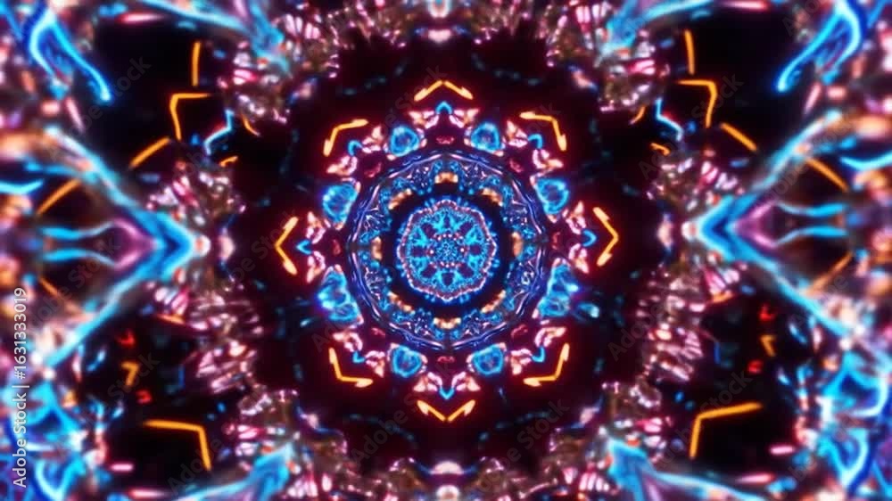 Poster mesmerizing kaleidoscopic animation with vibrant neon lights and symmetrical patterns