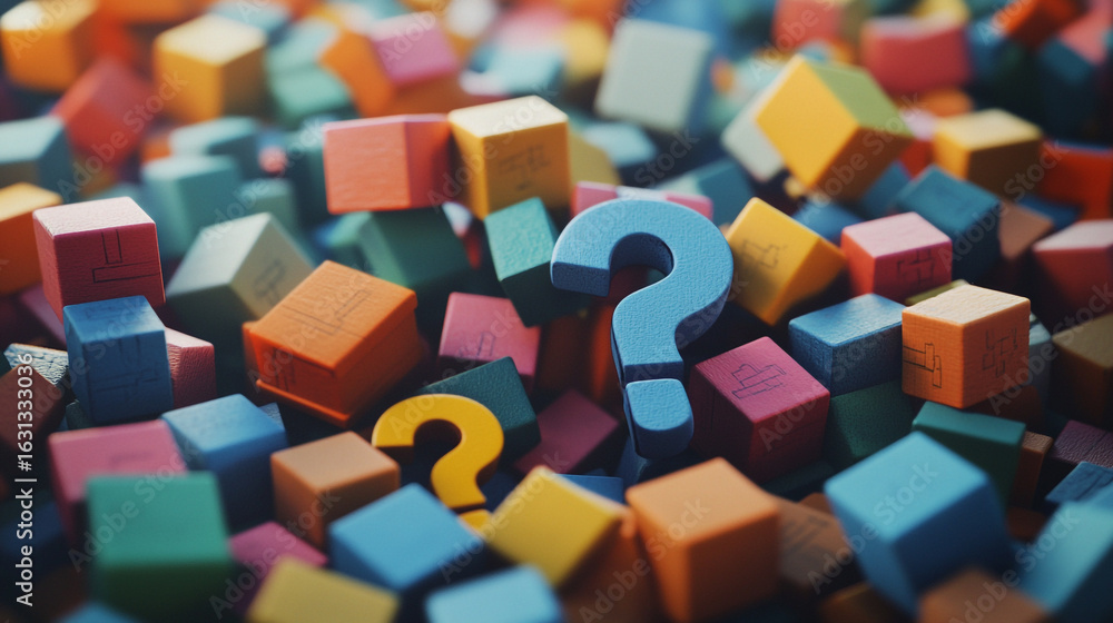 Aufkleber colorful blocks and question marks scattered a puzzle of uncertainty