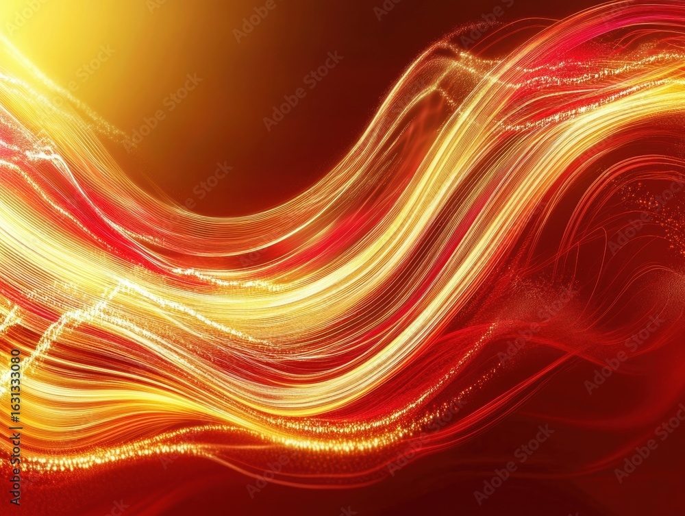 Poster bright red and gold wave patterns dynamically flow across a dark background, creating a stunning vis