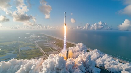 Stunning Aerial View of Cape Canaveral Rocket Launch at Sunset