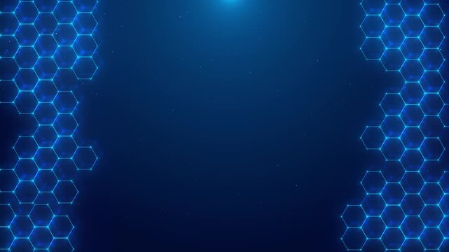 Glowing hexagonal plexus pattern sleek tech frame on deep blue space, evoking futuristic energy. for digital interfaces, cyber themes, blockchain animation, virtual networks, advanced UI backgrounds.