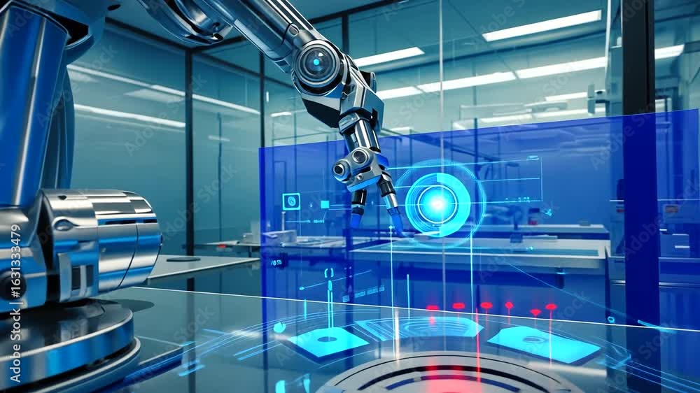 Poster advanced robotic arm interacting with a holographic interface in a futuristic lab environment