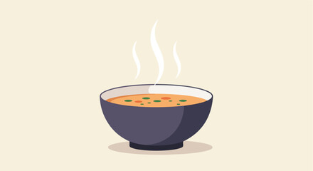 Cartoon bowl of hot soup steams on beige backdrop, illustration for recipes or websites
