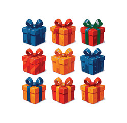 Collection of nine colorful gift boxes with bows isolated on white background silhouette