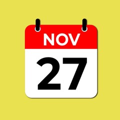 November 27 calendar icon flat design illustration. Calendar template, red and white