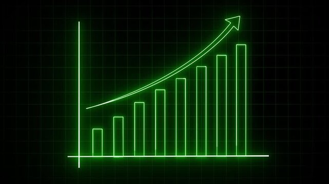 Modern finance animation. Green glowing bar chart showing success and upward trend. Neon green financial graph. Business growth and stock market data in 4K seamless loop.