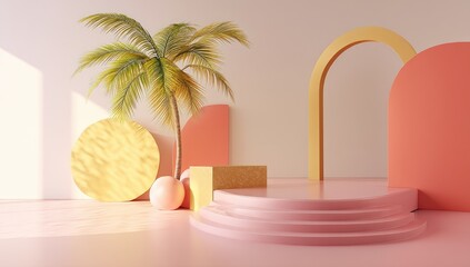 3D rendering of colorful geometric shapes and a palm tree on a pink background.