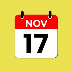 November 17 calendar icon flat design illustration. Calendar template, red and white