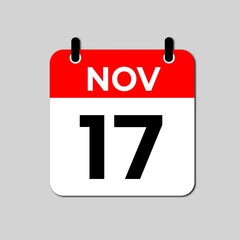 November 17 calendar icon flat design illustration. Calendar template, red and white