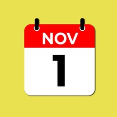 November 1 calendar icon flat design illustration. Calendar template, red and white