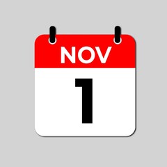 November 1 calendar icon flat design illustration. Calendar template, red and white