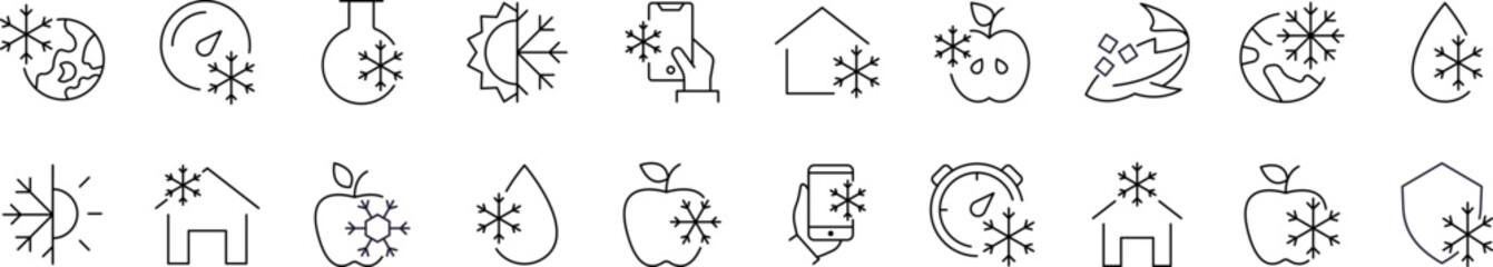 Frozen Line Icon Set. Apple, House, Timer, Shield with Snowflake Outline Signs for Graphic and Web Design, Apps, Adverts, Various Cards