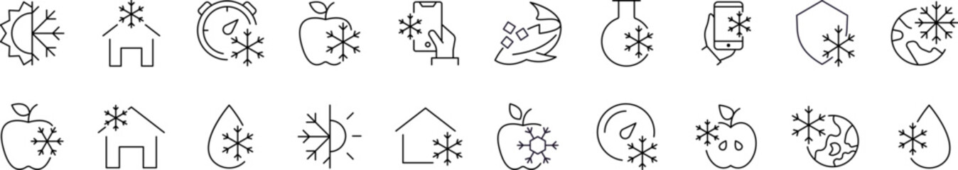 Frozen Line Icon Collection. Apple, House, Timer, Shield with Snowflake Outline Signs for Graphic and Web Design, Apps, Adverts, Various Cards