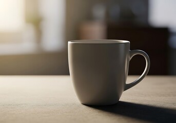 Simple white mug resting on a table bathed in soft morning light illuminating simplicity