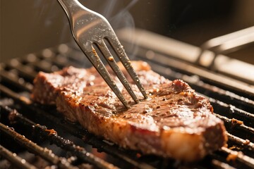 Close up of a grilling fork pressing roasted meat on a grill