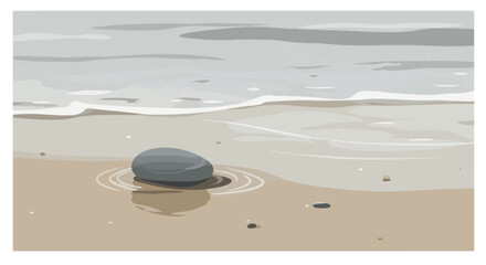 Stone in water on beach creates ripples. Calming ocean waves in the background